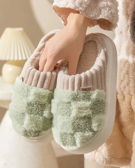 Plaid Plush Slippers Women's Indoor Plush Home Slippers Soft Sole Thick Non-Slip Warm House Shoes Couple Autumn And Winter