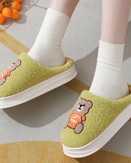 Lovely Cartoon Bear Woolen Slippers For Women Winter Indoor Thick-soled Non-slip Home Slippers Breathable Warm Bedroom Floor House Shoes