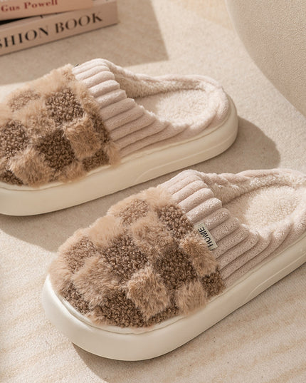 Plaid Plush Slippers Women's Indoor Plush Home Slippers Soft Sole Thick Non-Slip Warm House Shoes Couple Autumn And Winter