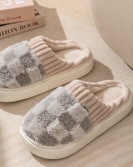 Plaid Plush Slippers Women's Indoor Plush Home Slippers Soft Sole Thick Non-Slip Warm House Shoes Couple Autumn And Winter