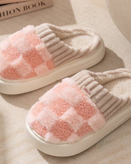 Plaid Plush Slippers Women's Indoor Plush Home Slippers Soft Sole Thick Non-Slip Warm House Shoes Couple Autumn And Winter