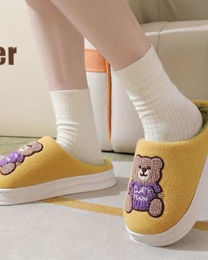 Lovely Cartoon Bear Woolen Slippers For Women Winter Indoor Thick-soled Non-slip Home Slippers Breathable Warm Bedroom Floor House Shoes