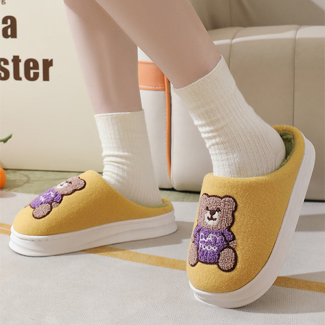 Lovely Cartoon Bear Woolen Slippers For Women Winter Indoor Thick-soled Non-slip Home Slippers Breathable Warm Bedroom Floor House Shoes