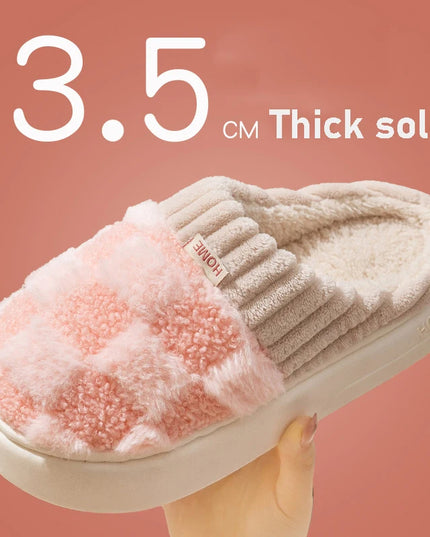 Plaid Plush Slippers Women's Indoor Plush Home Slippers Soft Sole Thick Non-Slip Warm House Shoes Couple Autumn And Winter