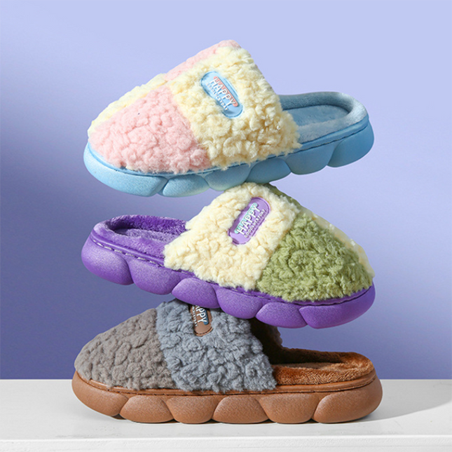 Color-matching Home Slippers Winter EVA Thick-soled Warm Plush Cotton Slippers Women Men Indoor Anti Slip House Shoes