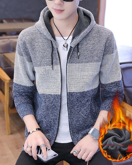 Elevate Your Winter Wardrobe with a Warm and Stylish Hooded Cardigan for Youth: The Must-Have Winter Fashion Essential in Upper Blue, Light Gray, and Dark Gray