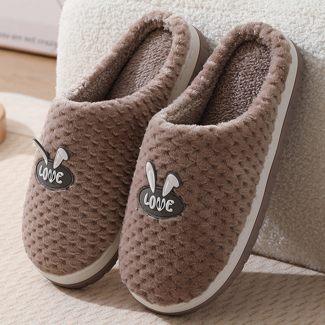 Cute Rabbit Plaid Design Home Slippers Winter Warm Thick-soled Cotton House Shoes For Women Indoor Non-slip Solid Couple Plush Slipper