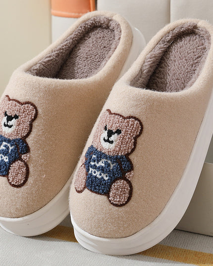 Lovely Cartoon Bear Woolen Slippers For Women Winter Indoor Thick-soled Non-slip Home Slippers Breathable Warm Bedroom Floor House Shoes