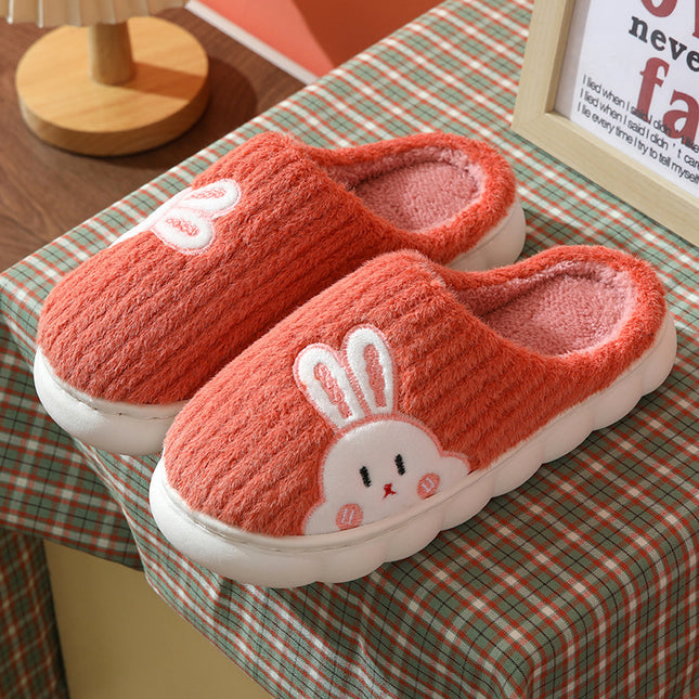Cute Rabbit Striped Slippers For Women Thick-soled Indoor Couples Warm Winter Non-slip Home Slipper Plush Cotton Shoes