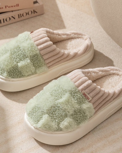 Plaid Plush Slippers Women's Indoor Plush Home Slippers Soft Sole Thick Non-Slip Warm House Shoes Couple Autumn And Winter