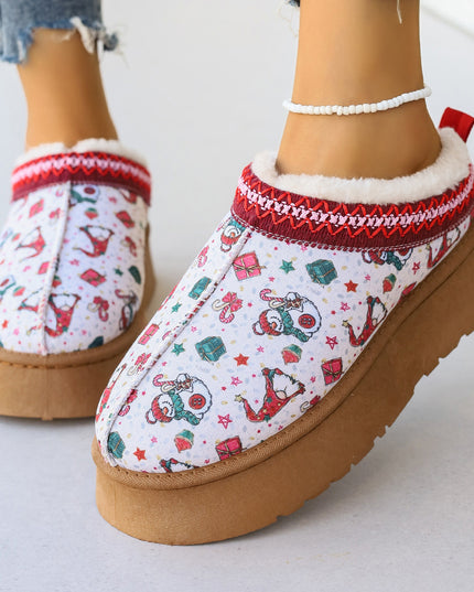 Women's Cartoon Christmas Print Ankle Boots Casual Slip On Plush Lined Home Shoes Comfortable Winter Short Boots