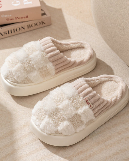 Plaid Plush Slippers Women's Indoor Plush Home Slippers Soft Sole Thick Non-Slip Warm House Shoes Couple Autumn And Winter