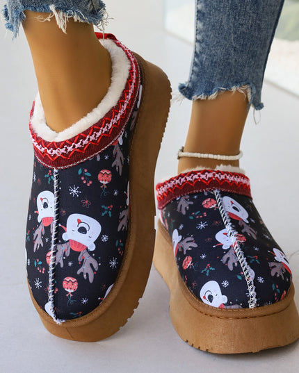 Women's Cartoon Christmas Print Ankle Boots Casual Slip On Plush Lined Home Shoes Comfortable Winter Short Boots