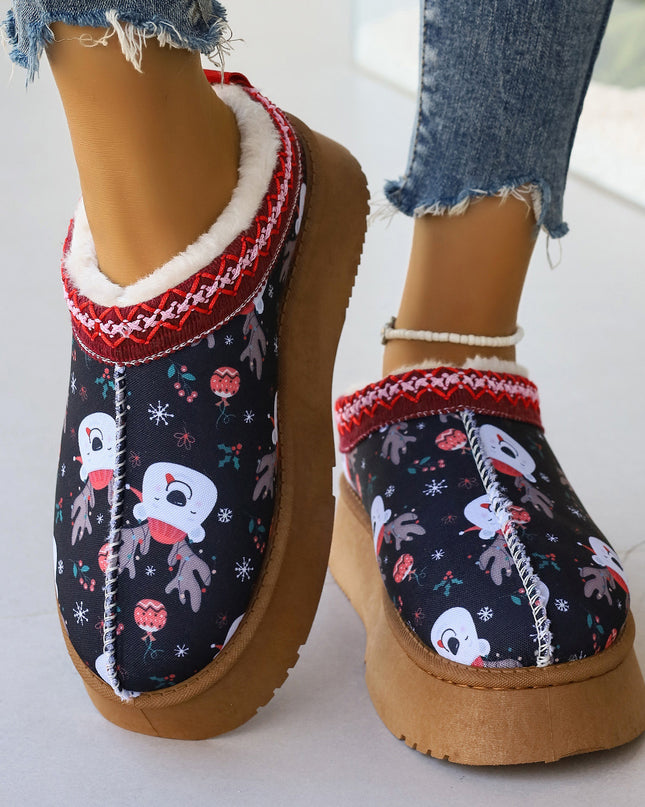 Women's Cartoon Christmas Print Ankle Boots Casual Slip On Plush Lined Home Shoes Comfortable Winter Short Boots