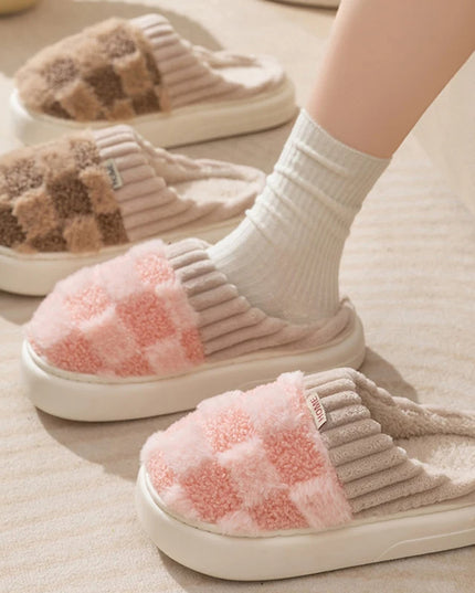 Plaid Plush Slippers Women's Indoor Plush Home Slippers Soft Sole Thick Non-Slip Warm House Shoes Couple Autumn And Winter