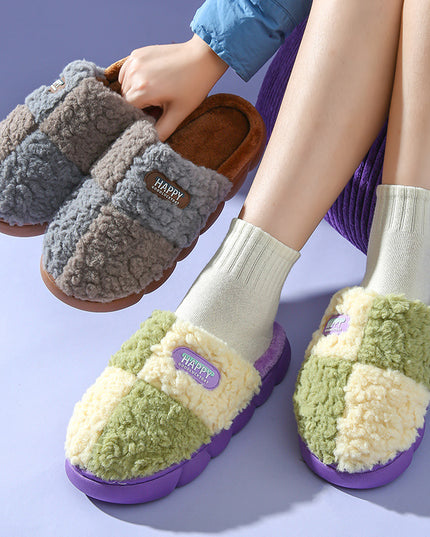 Color-matching Home Slippers Winter EVA Thick-soled Warm Plush Cotton Slippers Women Men Indoor Anti Slip House Shoes