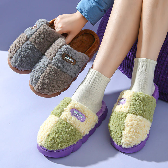 Color-matching Home Slippers Winter EVA Thick-soled Warm Plush Cotton Slippers Women Men Indoor Anti Slip House Shoes