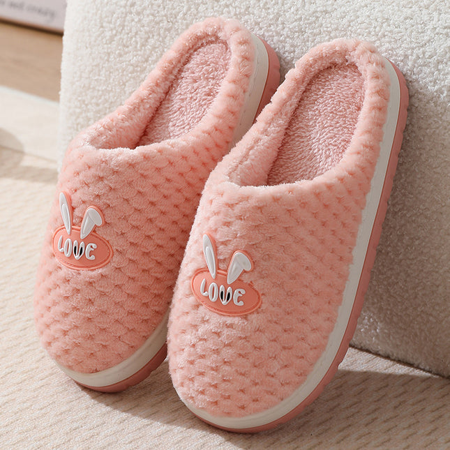 Cute Rabbit Plaid Design Home Slippers Winter Warm Thick-soled Cotton House Shoes For Women Indoor Non-slip Solid Couple Plush Slipper