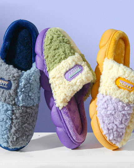 Color-matching Home Slippers Winter EVA Thick-soled Warm Plush Cotton Slippers Women Men Indoor Anti Slip House Shoes