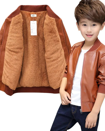 Boys Coats Autumn Winter Fashion Children's Plus Velvet / No Velvet Two styles Warming Cotton PU Leather Jacket For 1-11Y Kids