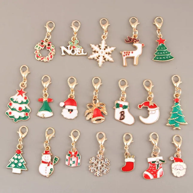 19pcs Mixed Colorful Enamel Christmas Keychains Lobster Buckle Clasp Charms Sock Snowflake Santa Claus Pendants Jewelry Fingings