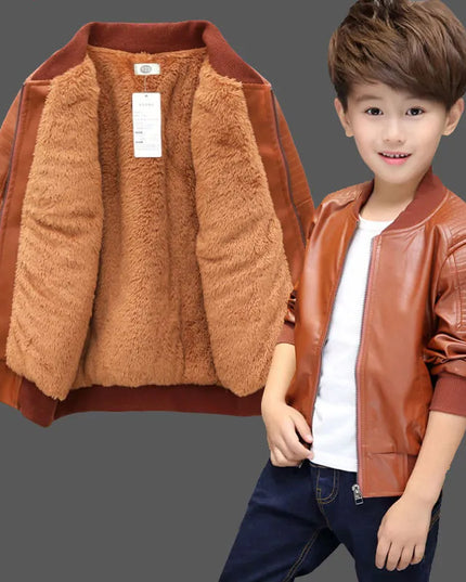 Boys Coats Autumn Winter Fashion Children's Plus Velvet / No Velvet Two styles Warming Cotton PU Leather Jacket For 1-11Y Kids