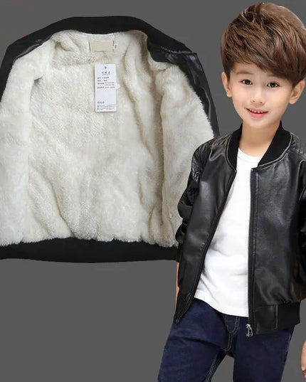 Boys Coats Autumn Winter Fashion Children's Plus Velvet / No Velvet Two styles Warming Cotton PU Leather Jacket For 1-11Y Kids