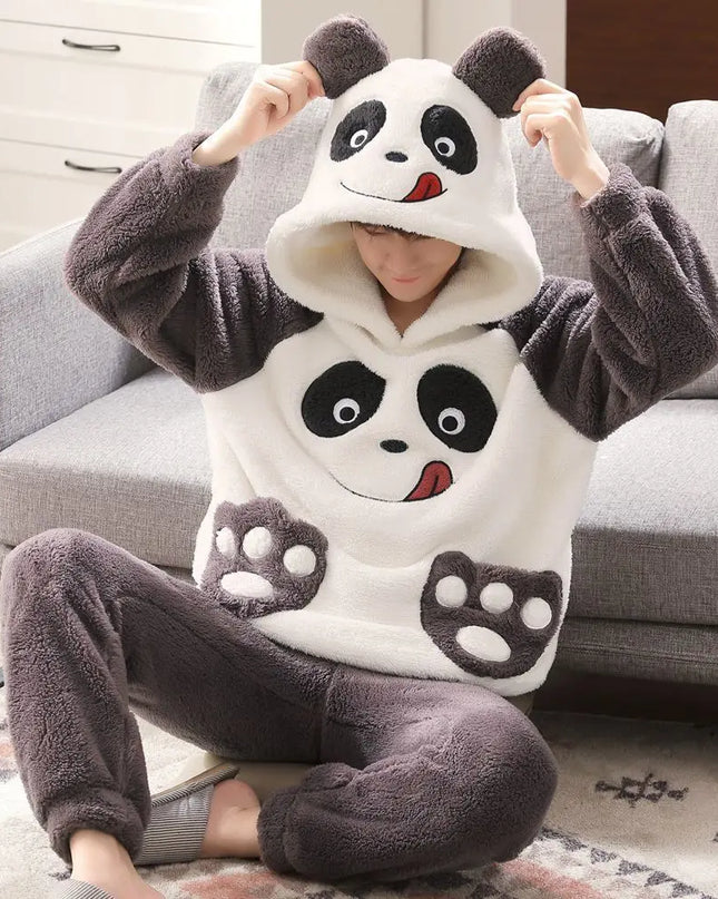 2023 New Men's Pajamas Plush Coral Fleece Pajamas Autumn Winter Sleepwear Thick Long Sleeves Hooded Cartoon Warm Loungewear Set