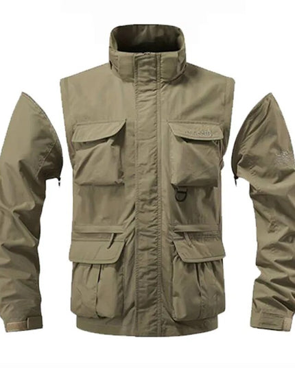 Top Men Autumn Multi-pocket Military Tech Wear Soft Shell Jacket Outdoor Hooded Utility Detachable Sleeves Travel Vest Outerwear