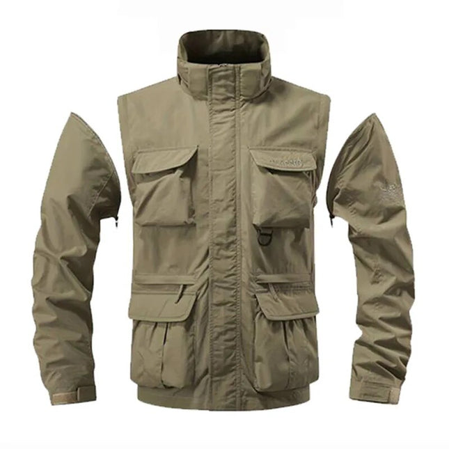 Top Men Autumn Multi-pocket Military Tech Wear Soft Shell Jacket Outdoor Hooded Utility Detachable Sleeves Travel Vest Outerwear