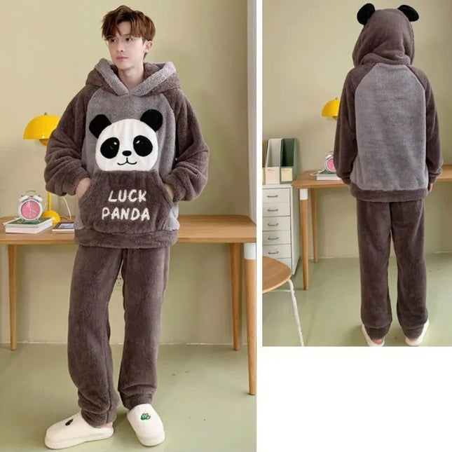 2023 New Men's Pajamas Plush Coral Fleece Pajamas Autumn Winter Sleepwear Thick Long Sleeves Hooded Cartoon Warm Loungewear Set