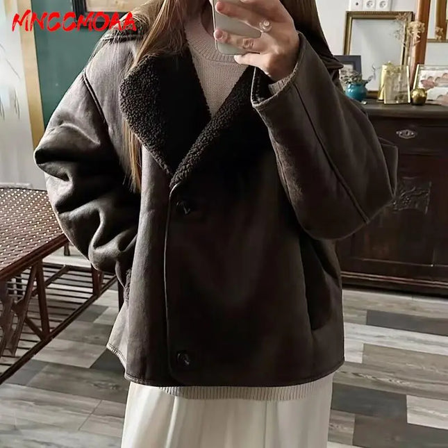 MNCCMOAA 2023 High Quality Winter Women Vintage Long Sleeve Warm Faux Fleece Jacket Coat Female Casual Solid Pocket Outwear Tops