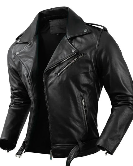 Genuine Cowhide Leather Motorcycle Coat Cow Skin Jacket Men Lapel Leather Jackets Mens Clothing Real Leather Coat Men