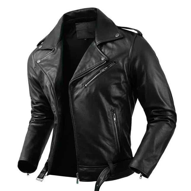 Genuine Cowhide Leather Motorcycle Coat Cow Skin Jacket Men Lapel Leather Jackets Mens Clothing Real Leather Coat Men