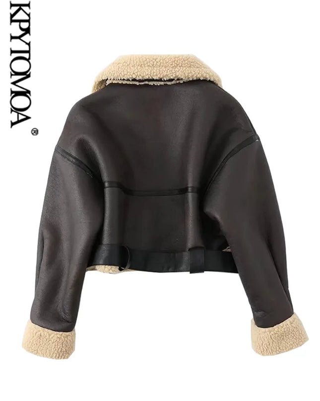 KPYTOMOA Women Fashion Thick Warm Faux Shearling Jacket Coat Vintage Long Sleeve Belt Hem Female Outerwear Chic Tops