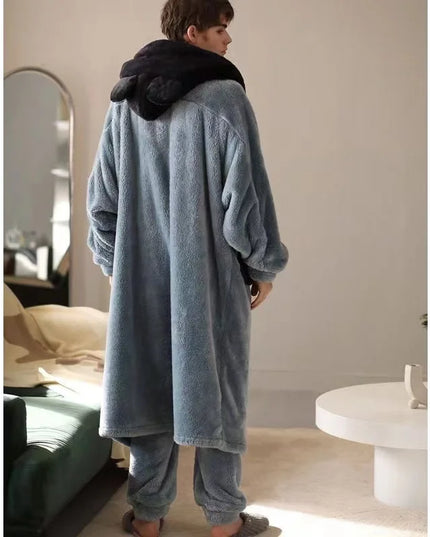 Winter Warm Pajamas Sets For Men Hooded Long Bathrobe Suits Elastic Pants Oversized Sleepwear Male Home Clothes Homewear