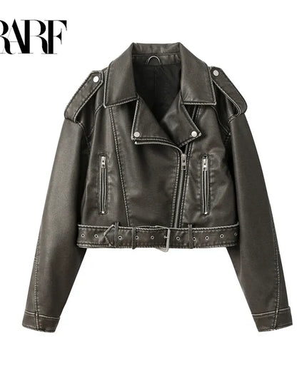 RARF 2023New Coal graysty le Women's washed leather jacket with belt, short coat with downgraded zipper and vintage lapel jacket