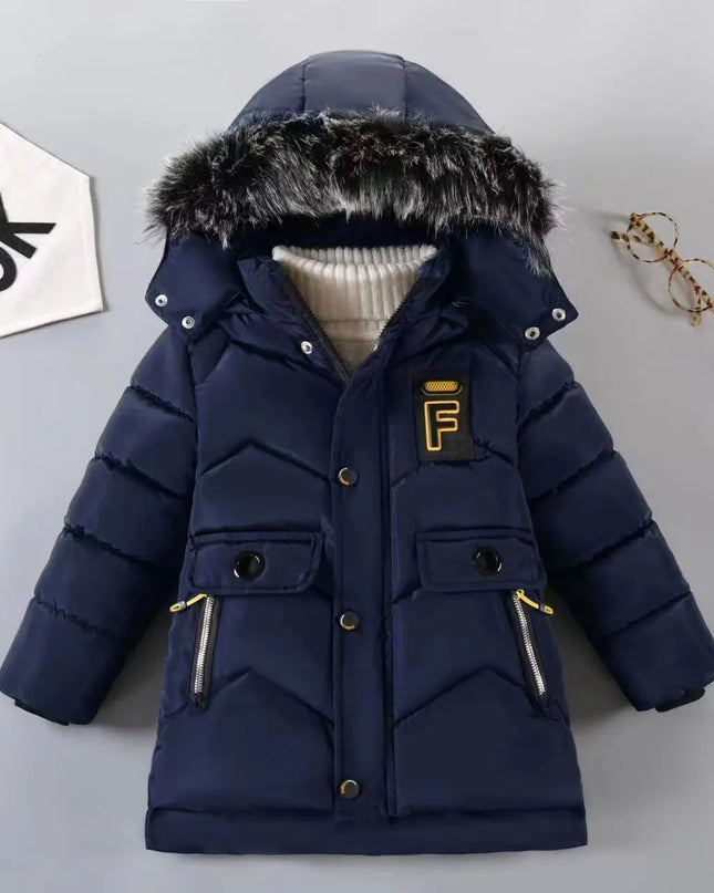 2023 New Style Winter Keep Warm Boys Jacket Letter F Fashion Lining With Plush Fur Collar Hooded Heavy Coat For Kids