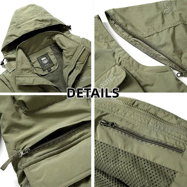 Top Men Autumn Multi-pocket Military Tech Wear Soft Shell Jacket Outdoor Hooded Utility Detachable Sleeves Travel Vest Outerwear