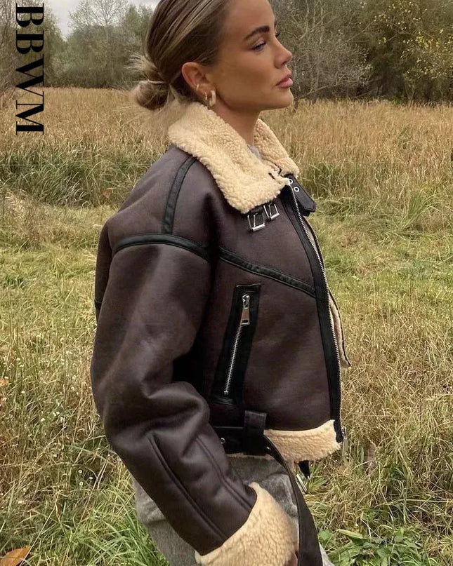 Woman's Fashion Thick Warm Faux Shearling Jacket Coat Vintage Long Sleeve Belt Hem Female Outerwear Chic Tops