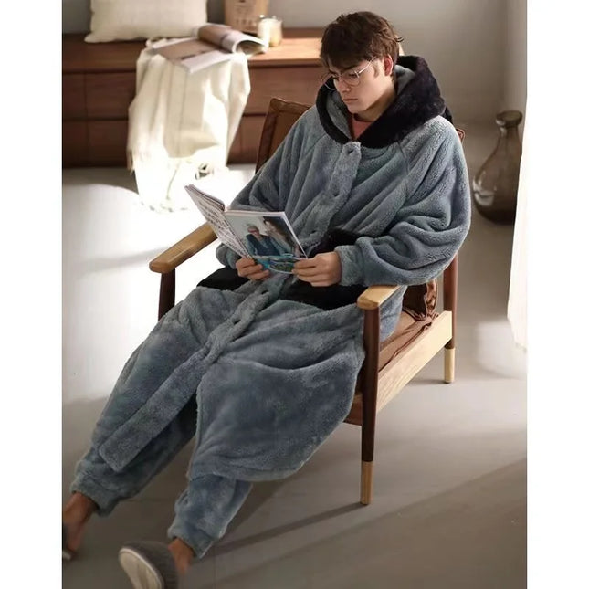 Winter Warm Pajamas Sets For Men Hooded Long Bathrobe Suits Elastic Pants Oversized Sleepwear Male Home Clothes Homewear