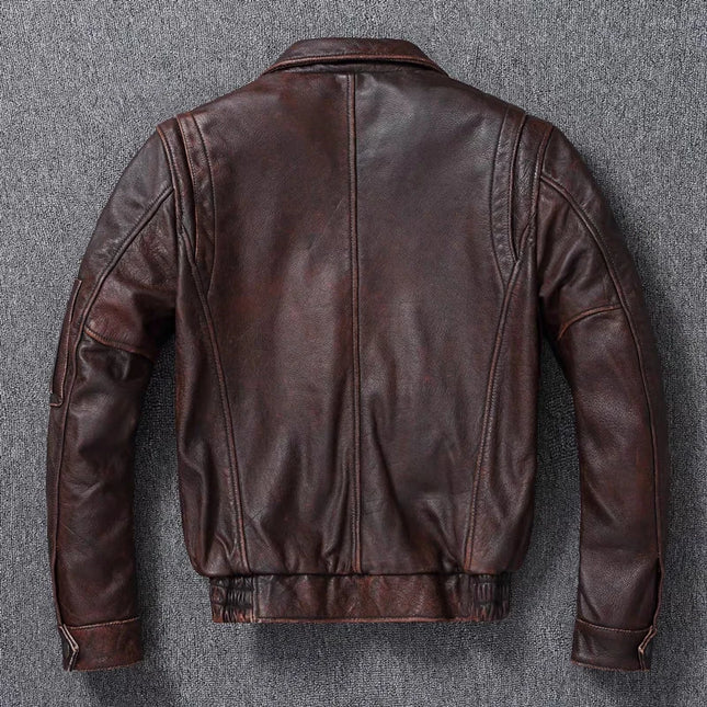 Men's Vintage Cowhide Bomber Jacket - Genuine Leather A2 Calfskin Motorcycle Coat