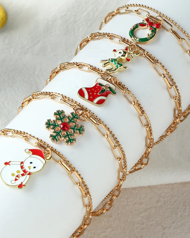 1pc Double Layer Christmas Series Bracelet Cute Snowman Snowflake Reindeer Christmas Sock Charm Bracelet For Girls  Jewelry Gift