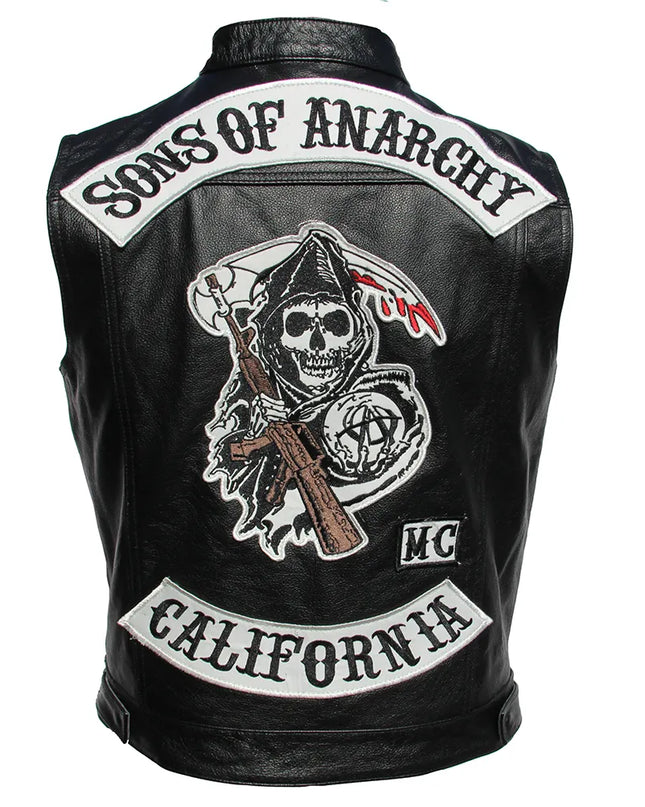 Sons of Anarchy Embroidery Motorcycle Biker Leather Vest Men Genuine Leather Sleeveless Jacket Real Cowhide Club Vest Riding 6XL