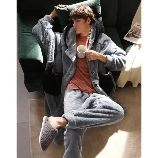 Winter Warm Pajamas Sets For Men Hooded Long Bathrobe Suits Elastic Pants Oversized Sleepwear Male Home Clothes Homewear