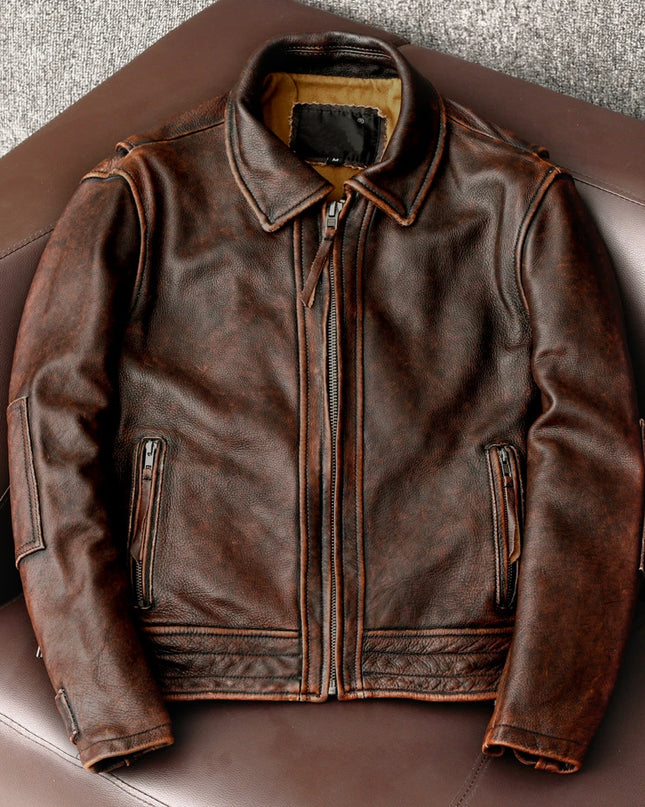 New Style Genuine Leather Jacket Vintage Brown Cowhide Coat Men Slim Fashion Biker Jacket Asian Size 6XL Factory Drop Shipping