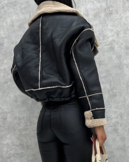 Women Faux Leather Biker Jacket with Faux Fur Trimmed Collar Vintage Moto Coat Warm Winter Outerwear