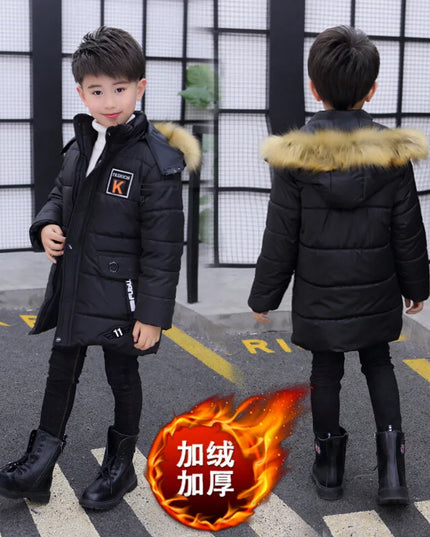 4 6 8 10 12 14 Years Big Boys Jacket Autumn Winter Plus Velvet Warm Teen Kids Jackets Fashion Mid-Length Zipper Hooded Boys Coat