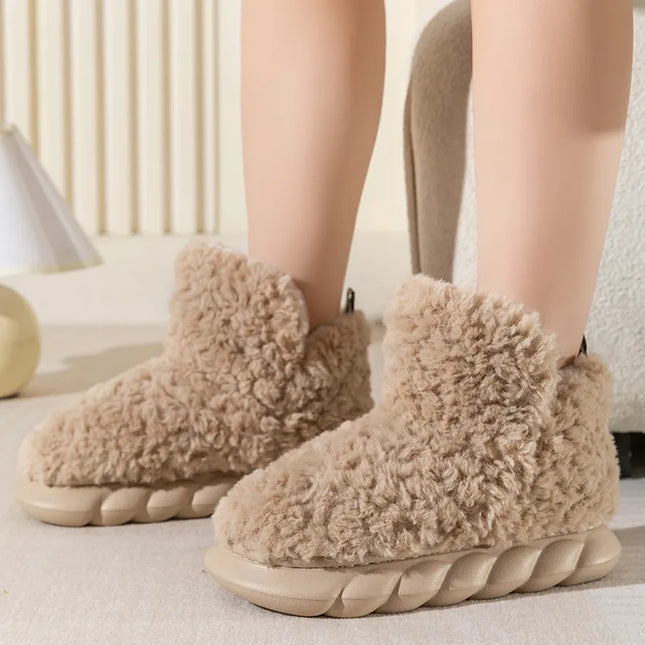 Furry Slipper Winter Home Slipper for Women Warm Fur High Top 4CM Thick EVA Short Boots Indoor Living Room Couple Slippers