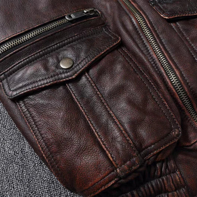 Men's Vintage Cowhide Bomber Jacket - Genuine Leather A2 Calfskin Motorcycle Coat